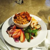 Spicy vegan tantan, spring veg sautee, "red" salad, citrus combo at Cityshop Noodle in Tokyo
