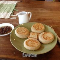 Buckwheat pancakes with raisons and syrup at Zula Vegetarian Paradise in Seminyak