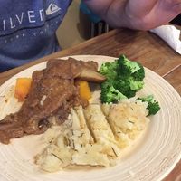 Husbands vegan "meat" and potatoes at Zula Vegetarian Paradise in Seminyak