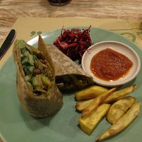 Jerusalem mix as a burrito with sweet potato fries at Zula Vegetarian Paradise in Seminyak