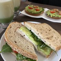 CLT sandwich and the avocado toast (he went with the gluten free bread instead of the default bagel). And oat matcha lattes!   at The Tea Lounge in London