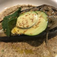 Roasted eggplant with fried onion and lentil hummus at Leka in Barcelona