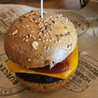 Spicy vegan village veggie burger at Burger Village in Hicksville