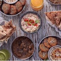 A typical Egyptian meal -fool, ta'meya, hummus. at Eatery in Cairo