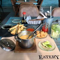 Vegan lunch - mint,lemon and ginger detox water; lentil soup and veggie spring rolls at Eatery in Cairo