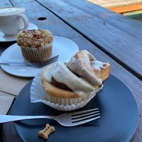 Soy latte, Shoofly berry muffin, Shoofly cinnamon roll, dog treat :) at Jet Black Coffee Company - Gateway in Portland