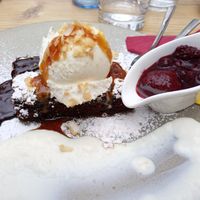 Vegan Brownie with Vanilla sauce &Vanilla ice-cream and berries at Thermenrestaurant in Baden