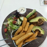 Vegan Fish Chips and Salad at ManicOrganic Cafe in Penrith