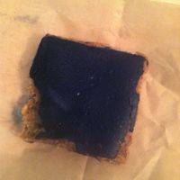 Raw caramel date bar (I took it to go and the chocolate melted, then hardened after I put it in the fridge. It looks nicer when they give it to you.) at Unbakery and Juicery in Kansas City