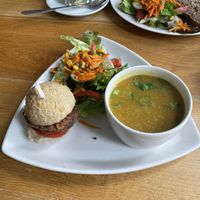 Trio- pumpkin soup + salad + vegan mini burger   at Logica Cafe Restaurant in Leiden