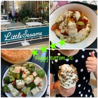 Tomato Hummus Bowl, pita, cucumber salad and tahini ice cream! at Little Sesame in Washington