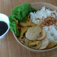 Rice bowl with vegan meats at VietCafe in Newcastle Upon Tyne