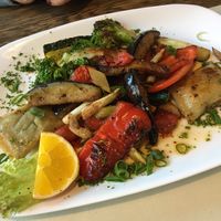 vegan stuffed Swabian pasta (Maultaschen) and grilled veggies  at Heinrichsbrücke in Mannheim