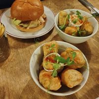 shawarma burger, banana blossom goujons and facon poppers at Two Wolves Kitchen in Brighton