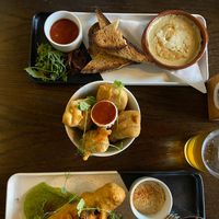 Melted “camembert”, jalapeño poppers and “fish” and chips!   at Two Wolves Kitchen in Brighton