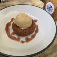 Deep fried donut, marmite & peanut butter ice cream, fruit coulis  at Two Wolves Kitchen in Brighton