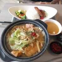bak kut teh mushroom soup and curry with vegetables and mock pork cutlets. All mediocre at Truly Vegetarian in Central Singapore