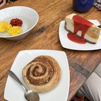 Cinnamon roll and cheesecake   at Sacred Sushi and Curry Sunday in Pisac