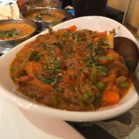 Main: Veg Kolhapuri (vegan),
A colourful bunch of veggies (cauliflower, peppers, potatoes & carrots) in a medium-spicy and tangy gravy
(I ordered rice separately) at Annakut in Edinburgh