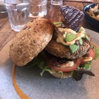 “Chicken” burger with rice paper bacon. Real good! at The Garden Plate in Lismore