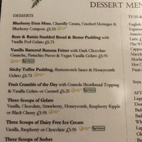 Dessert menu at The Chester Arms in Chicheley
