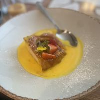 Upside down plum pudding with saffron crème anglaise  at The Chester Arms in Chicheley