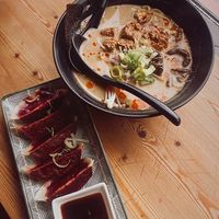 Vegan ramen and beetroot gyoza  at Ramen Momo in Reykjavik