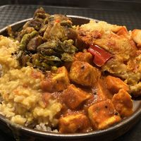 ‘Small plate’ of vegan lasagne, potato & green beans dish, tofu dish, & brown rice with daal  at Govinda's - North City in Dublin