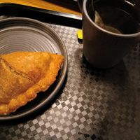 A vegan samosa and herbal tea. at Govinda's - North City in Dublin
