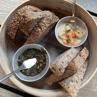 Starter with hummus, bread and olive dip  at Moagem in Aljezur