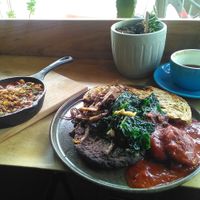 Vegan Breakfast
butter beans and tomato sauce, Lovely toast, mushrooms, all their own including the hash brown.  at The Bakery in Tunbridge Wells