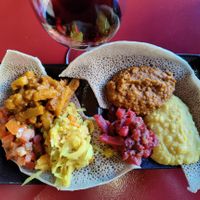 Vegan platter, potato, cabbage, lentils, beetroot,chickpea at Addis Ethiopian Kitchen in Helsinki
