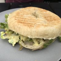 ‘Leave the Chicken Alone’ bagel. Bagel with vegan egg salad and spring onions. at V-Box in Ghent