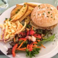 Bean burger, hand cut chunky chips and vegan coleslaw.  Yum! at Diamond Lil's in Montrose