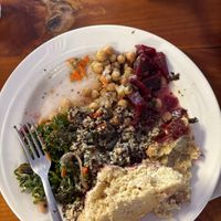 Delicious vegan salad pile, chaga tea, vegan fruit cobbler   at The Hub in Tupper Lake