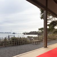 Depending on season you can sit on the red carpet in the front or further back at tables. at Kanrantei Tea House in Matsushima