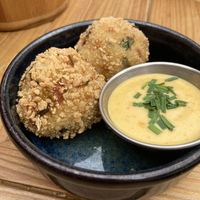 Bacon arancini balls with maple sauce   at The Tipsy Vegan in Cambridge