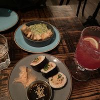 Spinach & artichoke dip with tortillas and vegan sushi  at The Tipsy Vegan in Cambridge