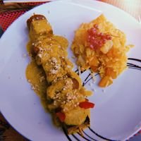 Tofu and Vegetables kebab with rice at Hortela in Portimao