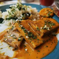 Seitan in tangerine sauce with rice at Hortela in Portimao