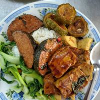 Buffet plate (vegan mock meat fish was particularly tasty) at Dharma Realm Guan Yin Sagely Monastery in Kuala Lumpur