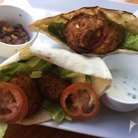 Felafel pita sandwich with small portion of Israeli salad at The Guava Limb in San Ignacio