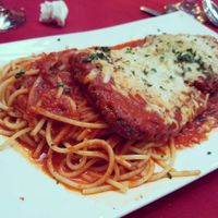 Seitan parmesan with cashew milk cheese and spaghetti at Leona & 3 Brothers in Lynbrook