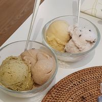 Pistachio + Apfelstrudel ice creams, and passion fruit + stracciatella at The Sacred in Zurich