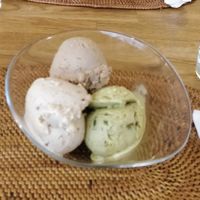 Hazelnut (top), pistachio (right) and salty almond (left) ice cream at The Sacred in Zurich
