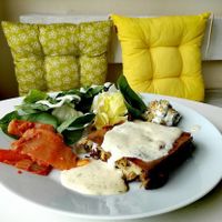 Greek Moussaka GF plus sides at Kaya Vegan Foods in Surbiton