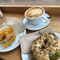 Chia pudding, bbq bagel and cappuccino  at My Deli Love  in Berlin