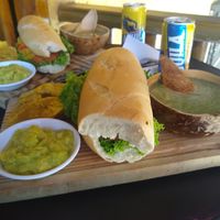 Vegan sandwich, soup, plantain chips w/guacamole! So good (as was the beer) at Mar y Hojas Cocina Vegana in Cartagena