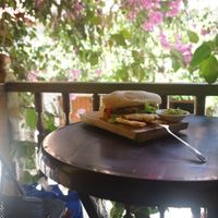 Sandwich, lentil soup, guacamole and tostones at Mar y Hojas Cocina Vegana in Cartagena