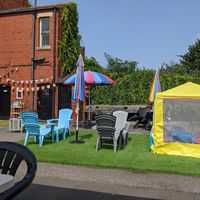 Seating in the courtyard at Chocolate Orange Tearooms in Worksop
